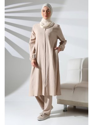 Krem Bürümcük Kumaş Gizli Fermuarlı İkili Takım Hac Umre Kıyafeti
