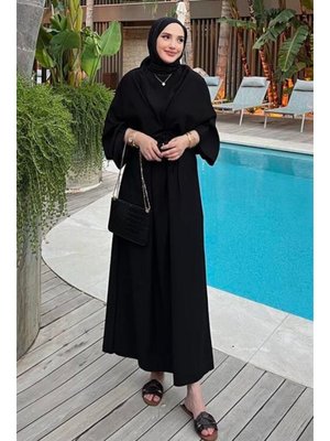 Siyah Kruvaze Bağcık Detaylı Elbise