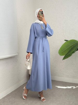 Mavi Beli Bağlamalı Arkası Fermuarlı Keten Elbise