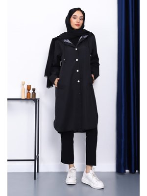 Siyah Kapüşonlu Düğme Detaylı Trençkot Siyah Kapüşonlu Düğme Detaylı Trençkot