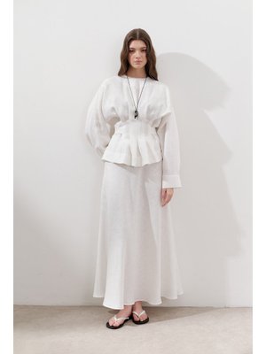Ekru Keten Kruvaze Bağlamalı Bluz