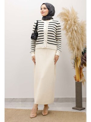 Bej Şeritli Triko Hırka