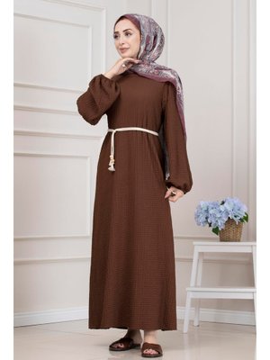 Kahverengi Yuvarlak Yaka Elbise Kahverengi Yuvarlak Yaka Elbise