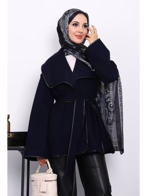 Lacivert Deri Biyeli Şal Yaka Kaşe Ceket