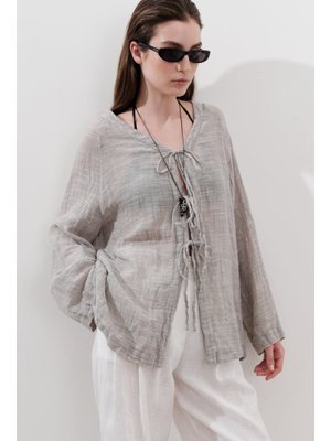 Keten Karışımlı Bağlamalı Bluz Natural