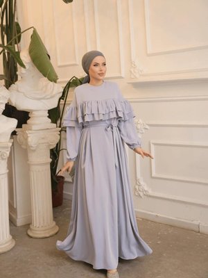 Gri Melanj Çift Fırfırlı Salaş Elbise