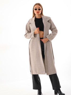 Bej Balıksırtı Desenli Kemerli Uzun Kaşe Kaban