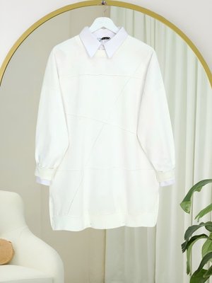 Beyaz Yuvarlak Yaka Çimalı Yırtmaçlı Salaş Penye Tunik