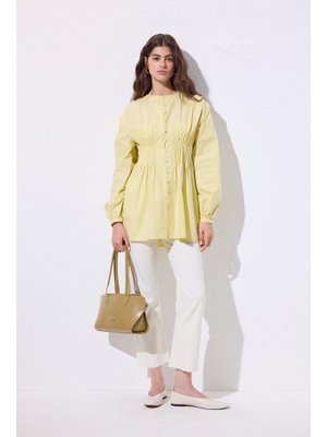 Sarı Beli Pile Detaylı Uzun Kol Bluz