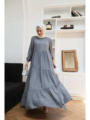 Gri Tensel Büzgülü Elbise