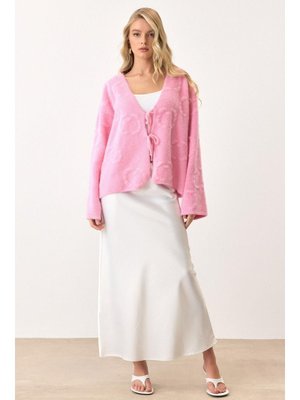 Pembe Önden Bağlamalı Soft Triko Hırka