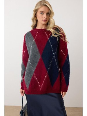 Bordo Baklava Desen Oversize Triko Kazak