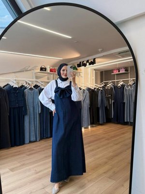 Lacivert Fiyonk Detaylı Denim Jile Elbise