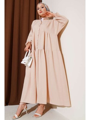 Bej Hakim Yaka Yarım Düğmeli Patlı Elbise