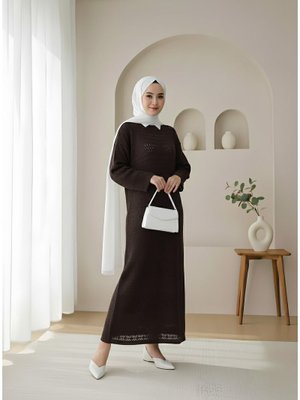 K. Kahve Ajurlu Desenli Triko Elbise