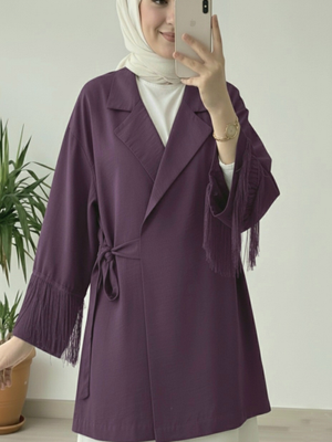 Mürdüm Önü Bağlamalı Kolu Püskül Detaylı Kimono Ceket