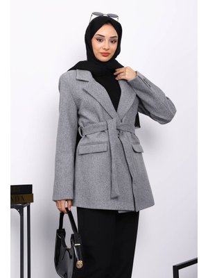Gri Kuşaklı Astarlı Kısa Kaşe Kaban Gri Kuşaklı Astarlı Kısa Kaşe Kaban