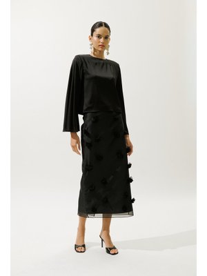 Siyah Saten Geniş Kol Bluz