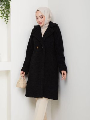 Kürk Kumaş Astarlı Düğmeli Siyah Kaban