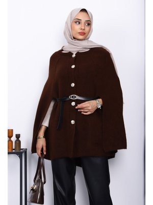 Kahverengi Kemerli Şordonlu Triko Panço Kahverengi Kemerli Şordonlu Triko Panço