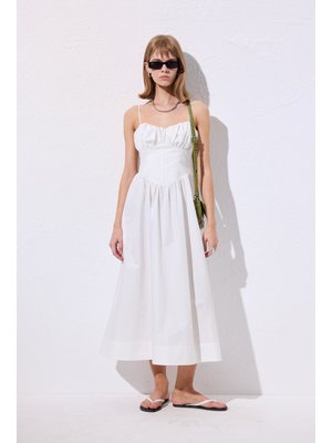 Ekru Büzgülü Korsajlı Elbise Ekru Büzgülü Korsajlı Elbise