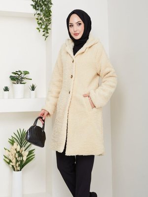 Kürk Kumaş Astarlı Düğmeli Kapüşonlu Bej Kaban