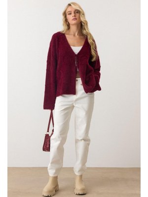 Bordo Önden Bağlamalı Soft Triko Hırka