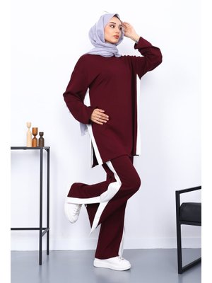 Mürdüm Renk Bloklu Tunik Pantolonlu Takım