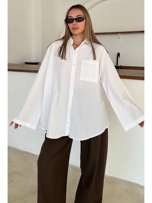 Beyaz İspanyol Kol Salaş Pamuklu Gömlek Beyaz İspanyol Kol Salaş Pamuklu Gömlek