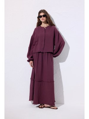 Mürdüm Müslin Balon Kol Kısa Bluz