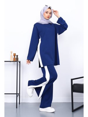Lacivert Renk Bloklu Tunik Pantolonlu Takım