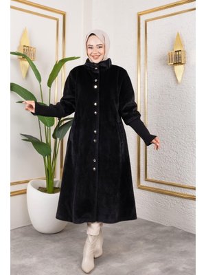 Astarlı Angora Düğmeli Siyah Kaban Astarlı Angora Düğmeli Siyah Kaban