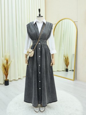 Füme Boydan Düğmeli V Yaka Sıfır Kol Kot Jile Füme Boydan Düğmeli V Yaka Sıfır Kol Kot Jile