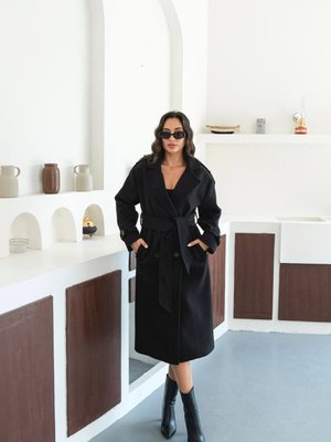 Siyah Kuşaklı Apolet Detaylı Astarlı Kaşe Kaban