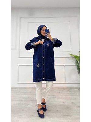 Koyu Mavi Kot Taş Detaylı Cepli Uzun Ceket Denim