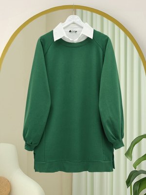 Zümrüt İki İp Yırtmaçlı Parçalı Salaş Penye Tunik