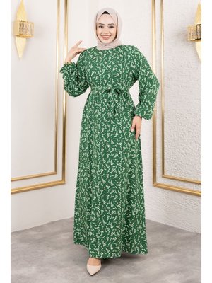 Yeşil Küçük Çiçek Desenli Viskon Elbise