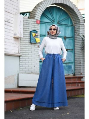 Koyu Mavi Denim Tensel Lastikli Bol Paça Pantolon Koyu Mavi Denim Tensel Lastikli Bol Paça Pantolon