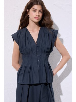 Lacivert Beli Pile Detaylı Kolsuz Bluz