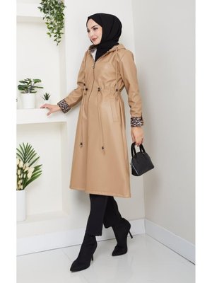 Kapüşonlu Fermuarlı Şardonlu Deri Vizon Kap