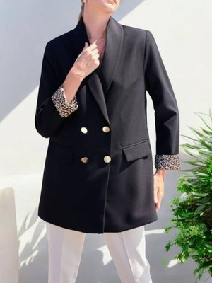 Siyah Cep Detaylı Çift Düğmeli Blazer Ceket