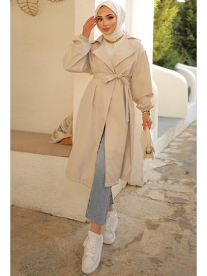 Ekru Kuşaklı Trenç