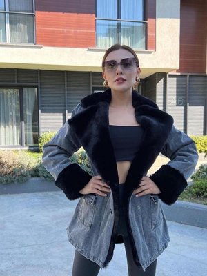 Siyah Denim Uzun İçi Full Kürk Jean Mont