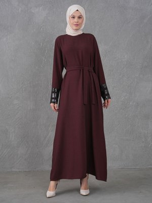 Bordo Melanjlı Kumaş Manşet Payet Garnili Elbise Bordo Melanjlı Kumaş Manşet Payet Garnili Elbise