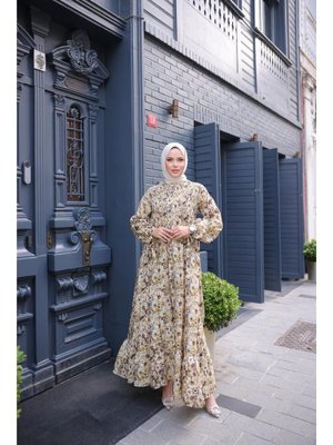 Yağ Yeşili O Yaka Çiçek Desenli Büzgülü Elbise 46) Yağ Yeşili O Yaka Çiçek Desenli Büzgülü Elbise 46)