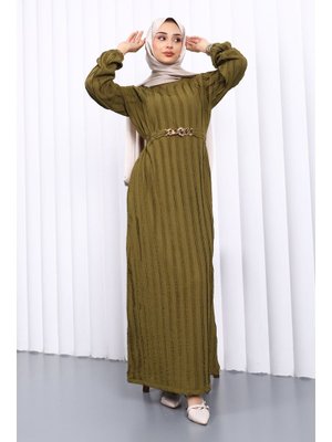 K. Yağyeşili Beli Kemerli Fırfır Detaylı Gofre Elbise K. Yağyeşili Beli Kemerli Fırfır Detaylı Gofre Elbise
