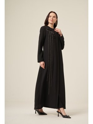 Siyah Si̇yah Swarovski̇ Taşlı Su Yolu Çi̇çek Desenli̇ Gi̇zli̇ Fermuarlı Ferace