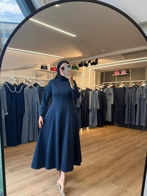 Lacivert Pamuklu Kumaş Kloş Etekli Elbise