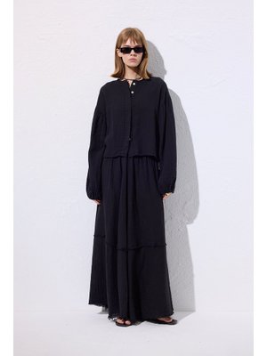 Siyah Müslin Balon Kol Kısa Bluz