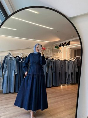 Lacivert Beli Büzgülü Bağcıklı Eteği Katlı Kloş Denim Elbise